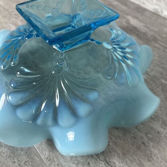 Northwood Blue Opalescent Ruffled Candy‎ Dish Shell Design Square Pedestal Base - Picture 14 of 16